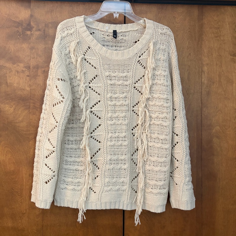 Elan Ivory Textured Sweater with Fringe